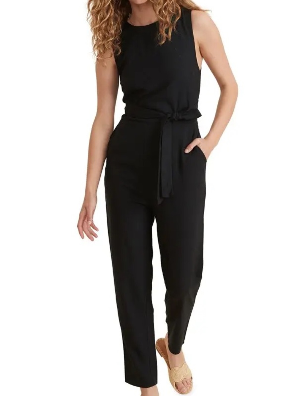 Marine Layer Black Linen Sleeveless Tie-Waist Jumpsuit